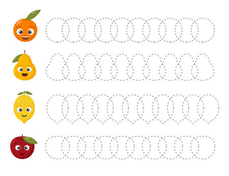 Educational tracing worksheet for kids kindergarten, preschool and school age. Trace the fruits. Dashed lines.のイラスト素材