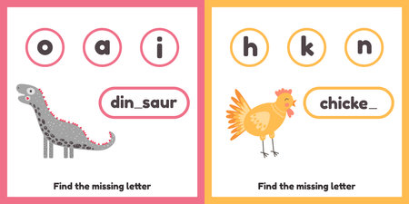 Vector illustration. Find the missing letter. Worksheets for kids kindergarten, preschool and school age. Cute sheep and chicken.のイラスト素材