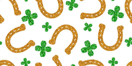 Horseshoe gold glitter. Hoof horse. Four-leaf green clover. Seamless pattern on white background....
