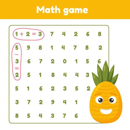 Math game. Addition, subtraction. Worksheet for kids preschool and school age. Vector illustration.のイラスト素材