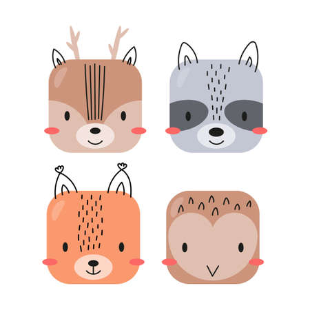Square forest animal cartoon face. Set cute icons. Deer, raccoon, squirrel, owl. vector illustration.のイラスト素材