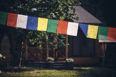 tibetan flags closeupの写真素材