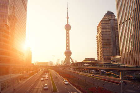 Shanghai skyscrapers and towers at sunsetの写真素材