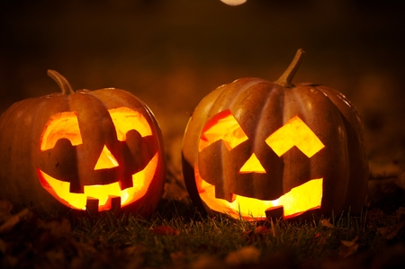 Two Kind Halloween Pumpkins in the parkの写真素材