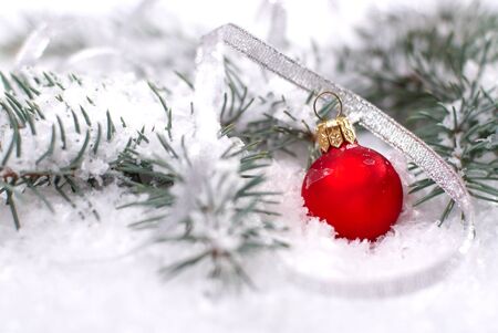 Christmas beautiful red balls with fir branch and snow on white backgroundの写真素材