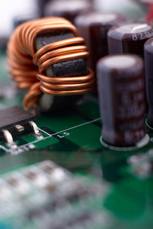 Microprocessor with motherboard background. Computer board chip circuit. Microelectronics hardware concept.の写真素材