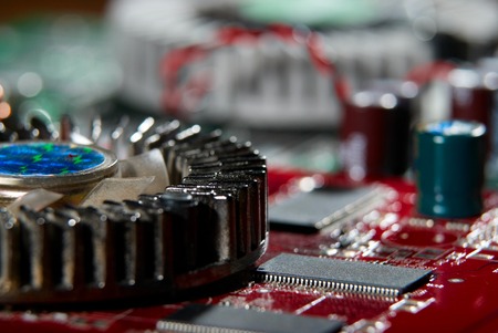 Microprocessor with motherboard background. Computer board chip circuit. Microelectronics hardware...