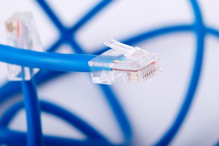 LAN network connection blue cable on white background