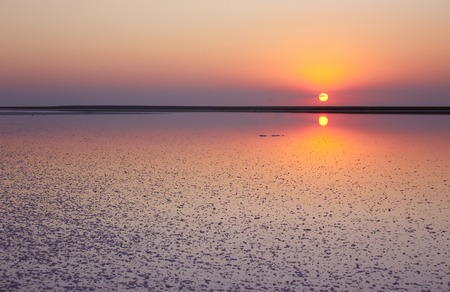 Salt and Brine of a pink lake, colored by microalgae Dunaliella salina at sunsetの写真素材