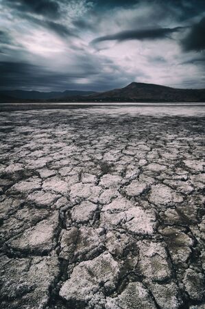 dramatic sky with clouds over cracked earth