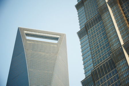 blue business glass skyscraper closeup, office center. Shanghai, China.の写真素材