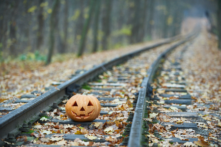 Smiling halloween pumpkin on the rails in the forestの写真素材