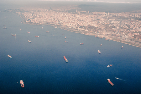 Aerial view of sea near Istanbul at sunset.の写真素材