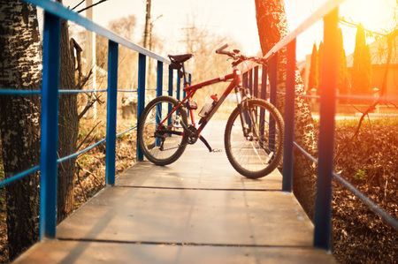 mountain bike on the pedestrian bridgeの写真素材
