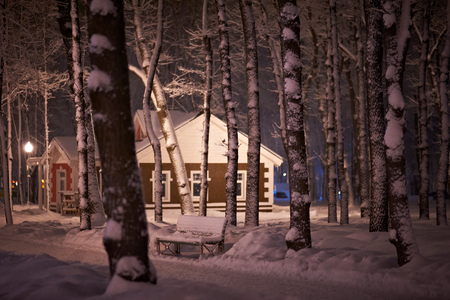 Winter snow night Park with small house on backgroundの写真素材