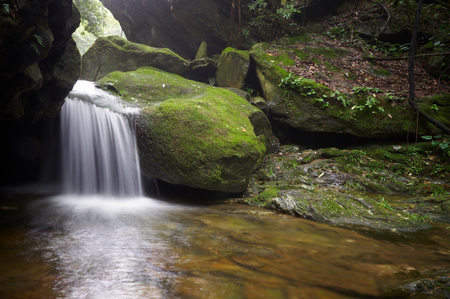 Mountain waterfall flowing through the green forest.の写真素材