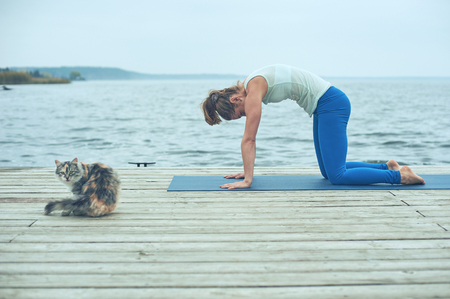 Beautiful young woman practices yoga asana on the wooden deck near the lake. Cat walking on the foregroundの写真素材