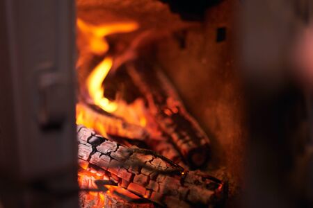 Close up of burning fireplace at home.