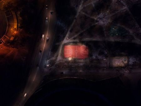 aerial view outdoor public basketball court at night. nobody.の写真素材