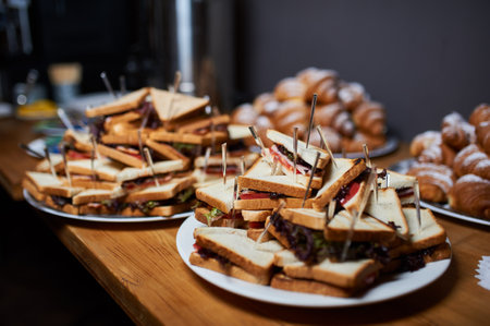 Catering service. sandwiches on plates during coffee break. Outdoor party with finger food. Nobody.の写真素材