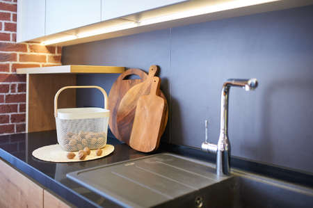 Kitchen utensils, decor and kitchenware in the modern kitchen interior close-up.の写真素材