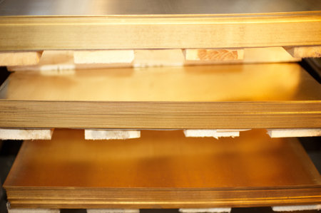 Many brass sheets, warehouse copper plates. close upの写真素材