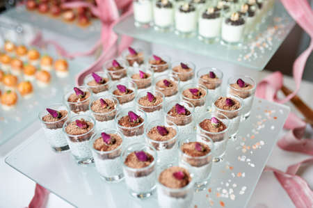 Catering service. Outdoor party with finger food. Nobody.