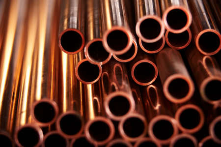 Many copper pipes, warehouse copper plates. close up