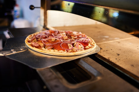 Cook putting Italian pizza to bake in oven.の写真素材