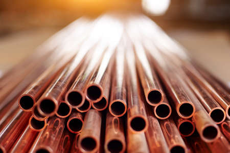 Many copper pipes, warehouse copper plates. close upの写真素材