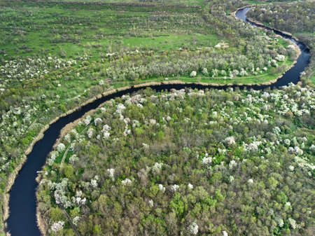 drone aerial view of a large green meadoq and forest and a big blue bendy river, sunny day