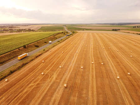 Aerial top down view crop wheat rolls of straw in fieldの写真素材