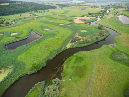 Aerial view over the river which is on the green forest. drone photoの写真素材