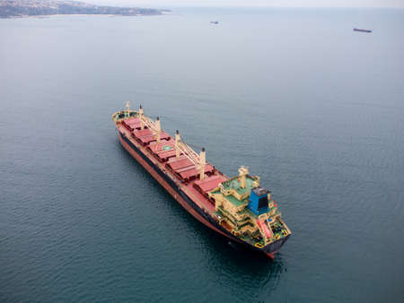 Large general cargo ship, Top down aerial.