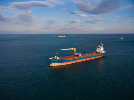 Large general cargo ship, Top down aerial.