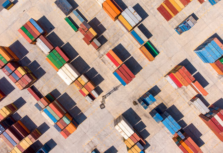 Aerial top view of Container terminal freight port, international shipping and global commerce