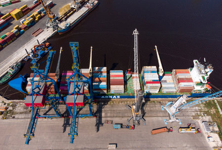 Varna, Bulgaria - 25 may 2022. Aerial view of a container ship being loaded and unloaded at portのeditorial素材