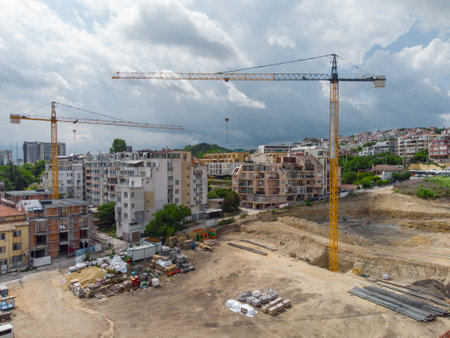 Busy Construction Site and Construction Equipment Aerial view