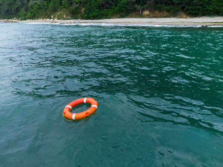 Top view of lifebuoy in the sea. Life ring floating in a sea.