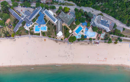 Aerial drone view of Albena empty sandy beach resort, Bulgariaの写真素材