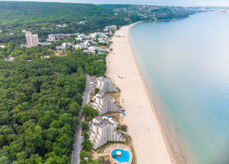 Aerial drone view of Albena empty sandy beach resort, Bulgariaの写真素材