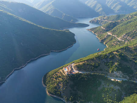 Aerial panoramic view of Vacha Reservoir located in Bulgaria near the Devin city, Rhodopa Mountainsの写真素材