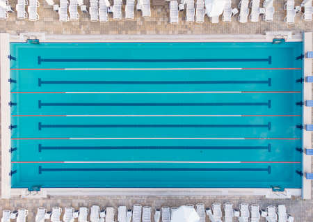 Aerial view on empty swimming pool in hotel, no peopleの写真素材