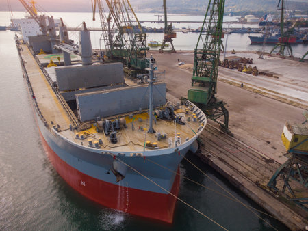 Aerial view of big cargo ship bulk carrier is loaded with coal in portの写真素材
