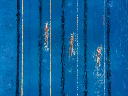 group of swimmers training in an outdoor pool top viewの写真素材