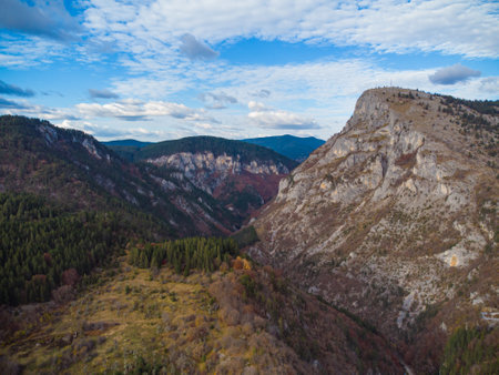 Mountain viewpoint Eagle eye, Orlovo Oko in Rhodope mountains in Bulgaria aerial viewの写真素材