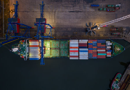 Aerial drone view of Large car cargo ship entering the port in Varna