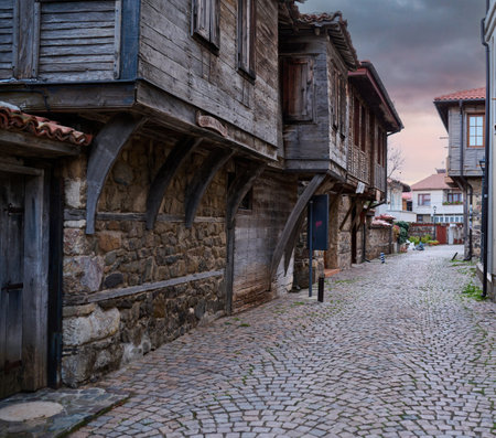 Traditional street in the old town of Sozopol at sunset, Bulgariaの写真素材