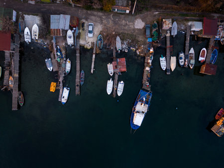 Aerial view of a fisher village. Fisher boats on the sea coastの写真素材