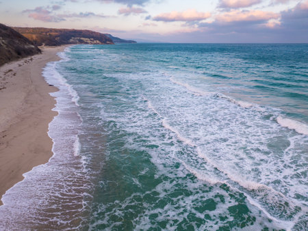 Flying above the beautiful wild beach in Bulgariaの写真素材